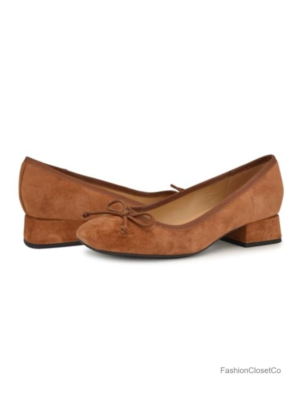Nine West Saruh Suede Bow Detail Square Toe Pumps Block Heel Slip-On